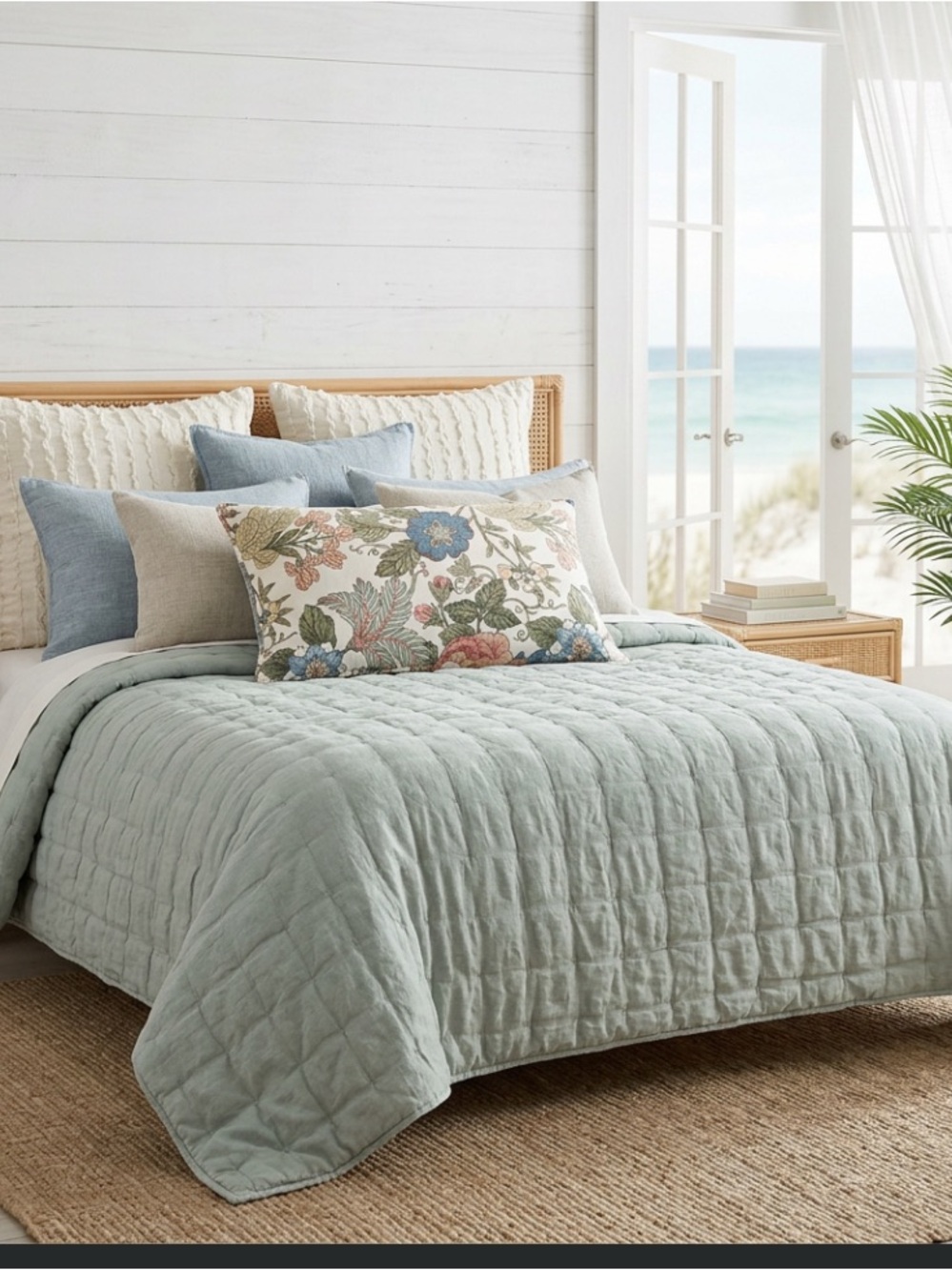 West Elm Linen Quilted Comforter Robins Egg blue 91x104" tufted puffy